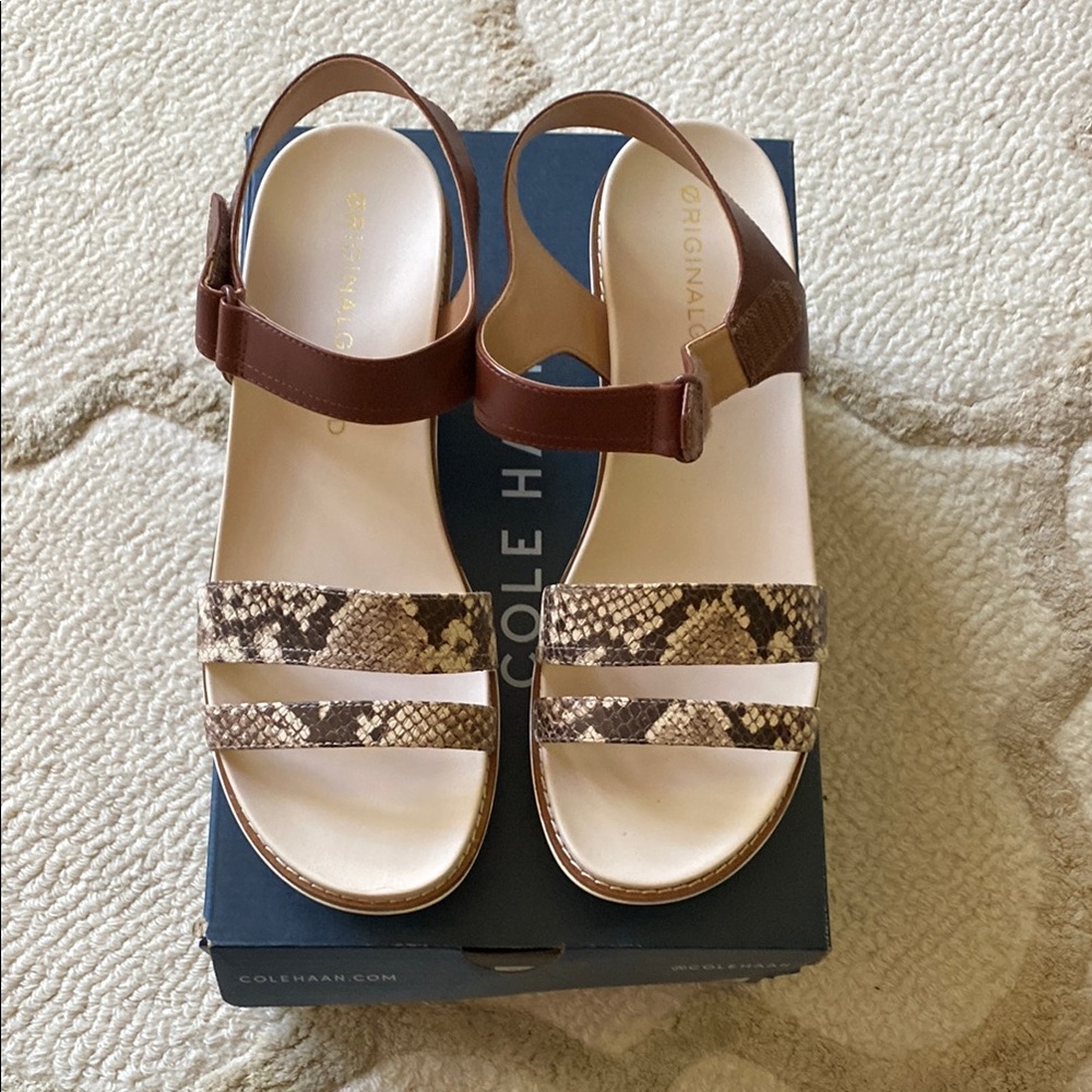 NIB! Cole Haan Peyton Brown and Snake Print Platform Sandals